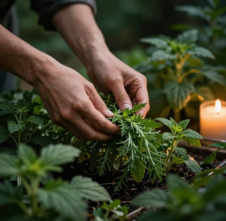 Close-up portrait of hands gently harvesting vibrant green herbs from a lush botanical garden, dramatic chiaroscuro lighting, deep forest greens, shallow depth of field, 35mm, bleeding to the right edge