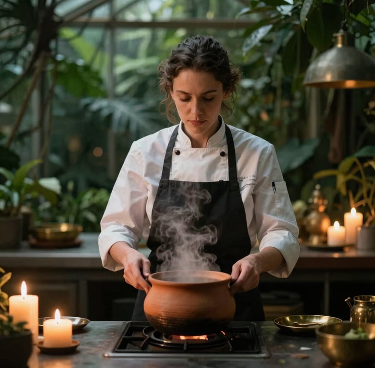 Dramatic portrait of a chef, Elara Vance, focused on a clay pot emitting steam, in a dimly lit botanical greenhouse kitchen, warm candlelight, deep forest greens, shallow depth of field, 35mm