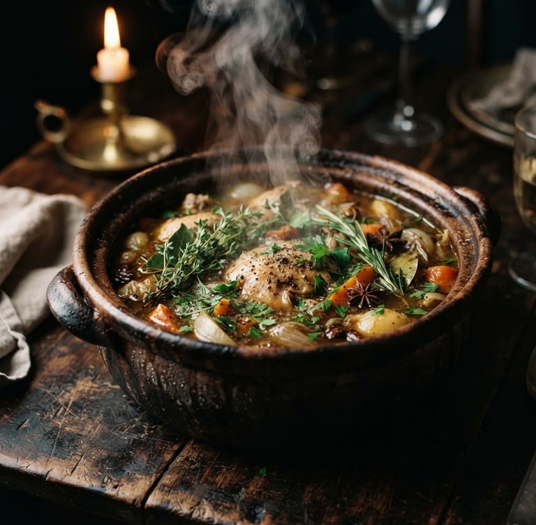 Close-up of a steaming clay pot dish, rich with herbs and spices, on a dark wooden table. Dramatic chiaroscuro lighting, warm candlelight, shallow depth of field, with steam gently rising.