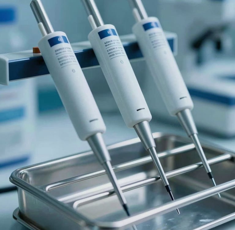 Macro shot of calibrated laboratory pipettes arranged in a sterile stainless steel rack, cool blue lighting, clinical environment