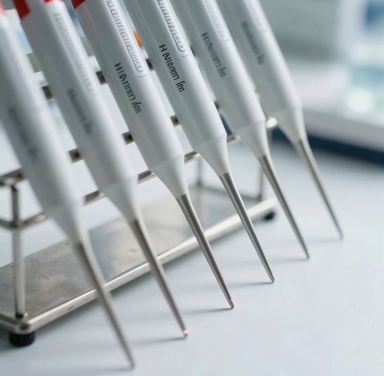 Macro close-up of calibrated laboratory pipettes arranged in a sterile metal rack, high-key white light, sharp clinical shadows