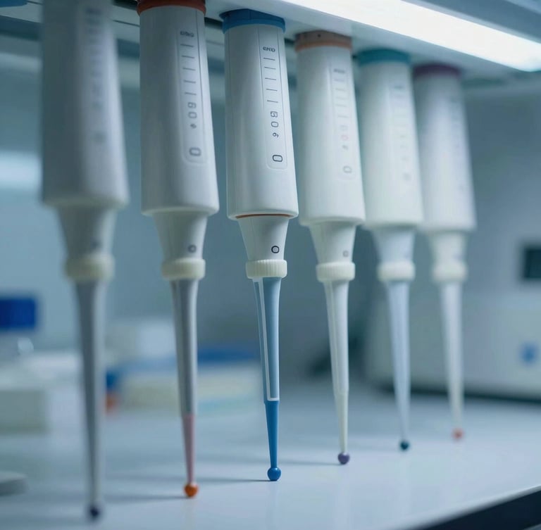Macro close-up shot of sterile, calibrated laboratory pipettes arranged in a precise technical grid under clinical cool blue light.