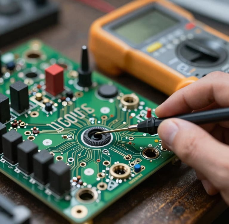 Macro shot of a high-precision digital multimeter testing a complex green circuit board, sharp industrial lighting, shallow depth of field, technical focus.