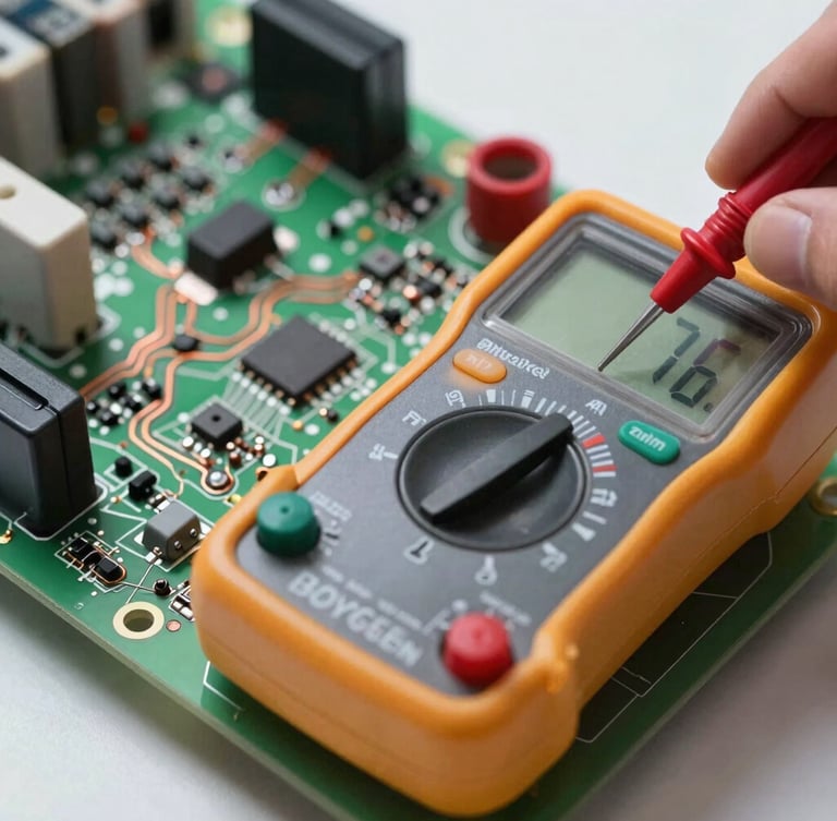 Macro shot of a digital multimeter testing a complex refrigerator control board, sharp workshop lighting, copper traces and solder points visible.