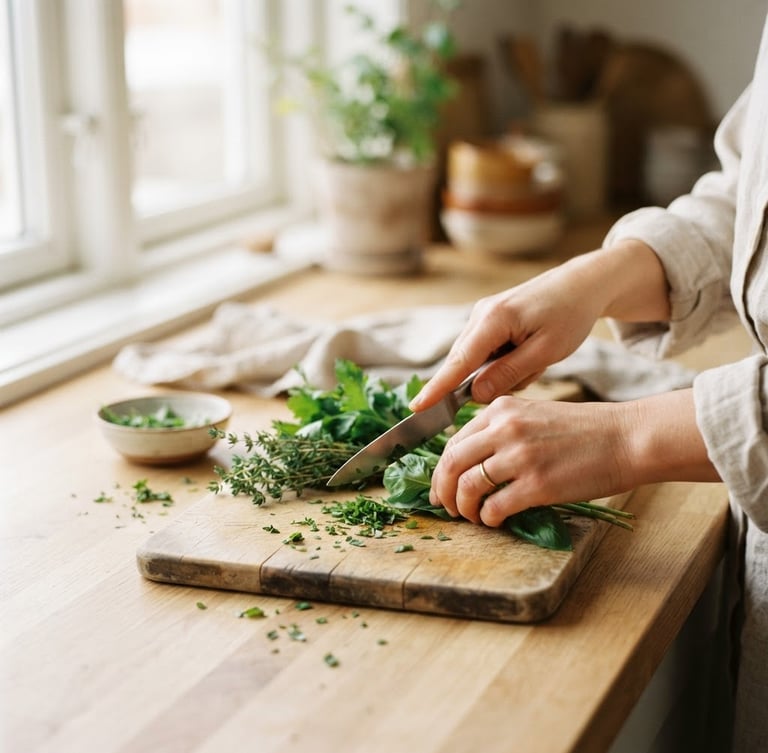 Bright editorial portrait of hands effortlessly prepping fresh herbs on a clean light wood counter, soft natural daylight from a north-facing window, shallow depth of field, warm neutral tones.