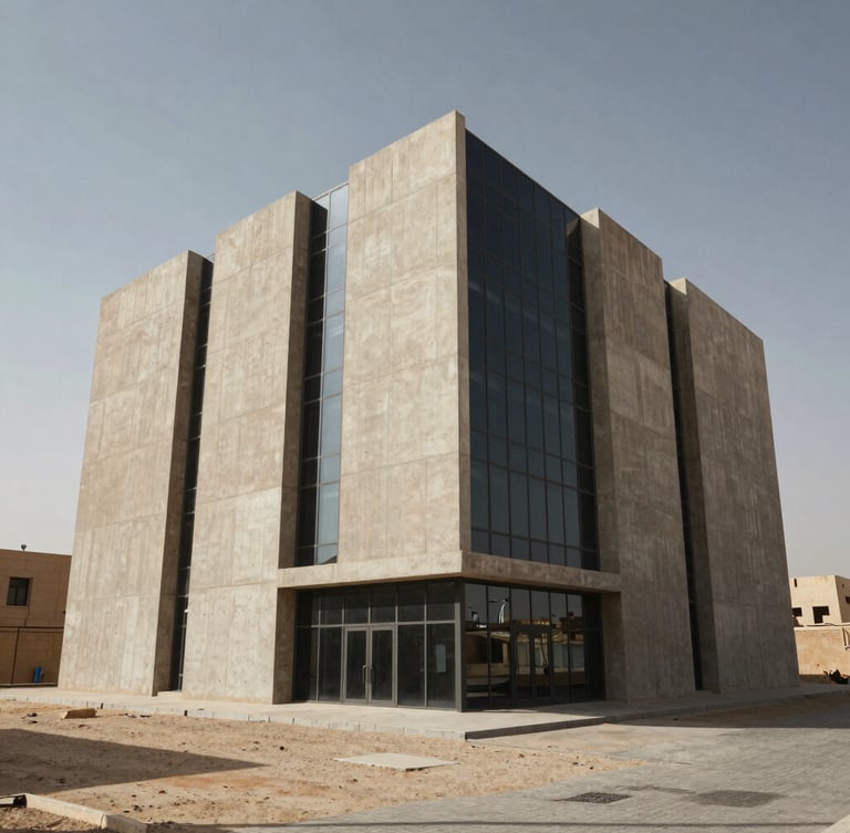 A newly constructed modern concrete and glass commercial building in Baghdad, sharp architectural angles, harsh direct desert daylight, casting deep geometric shadows.