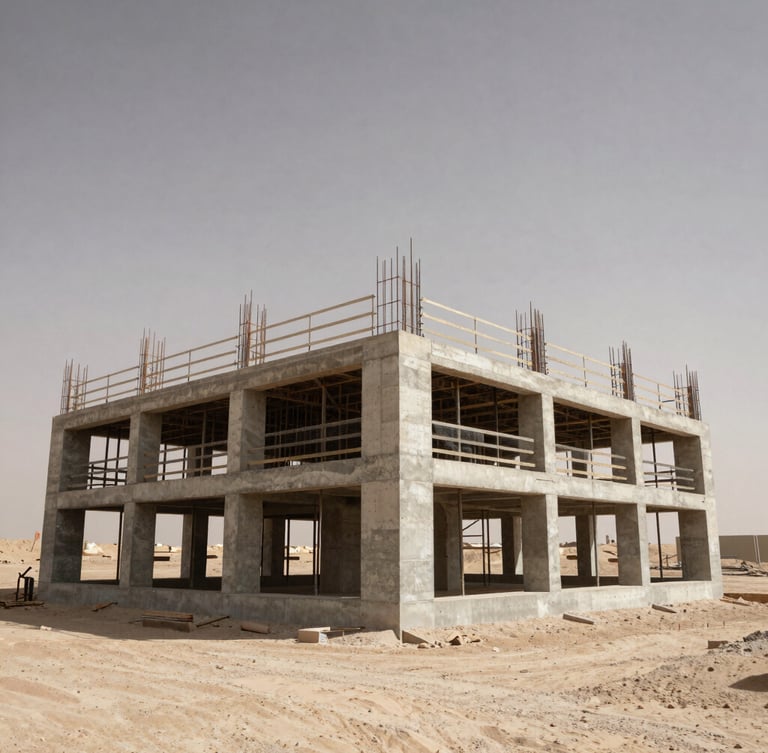 Low-angle documentary shot of a massive concrete foundation structure under construction, harsh desert daylight, high contrast, desaturated earth tones.