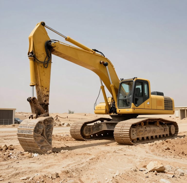 Low-angle industrial shot of heavy yellow excavators operating on a dusty Iraqi construction site, harsh direct desert daylight, strong shadows, desaturated earth tones