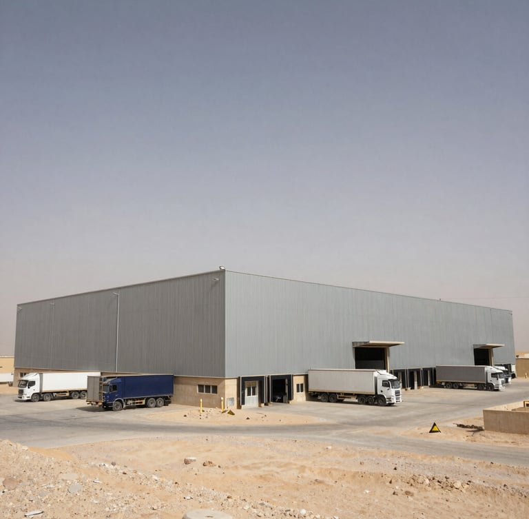 Low-angle wide shot of a massive modern food supply warehouse in Iraq, harsh desert daylight, steel and concrete structure, transport trucks parked at loading docks.