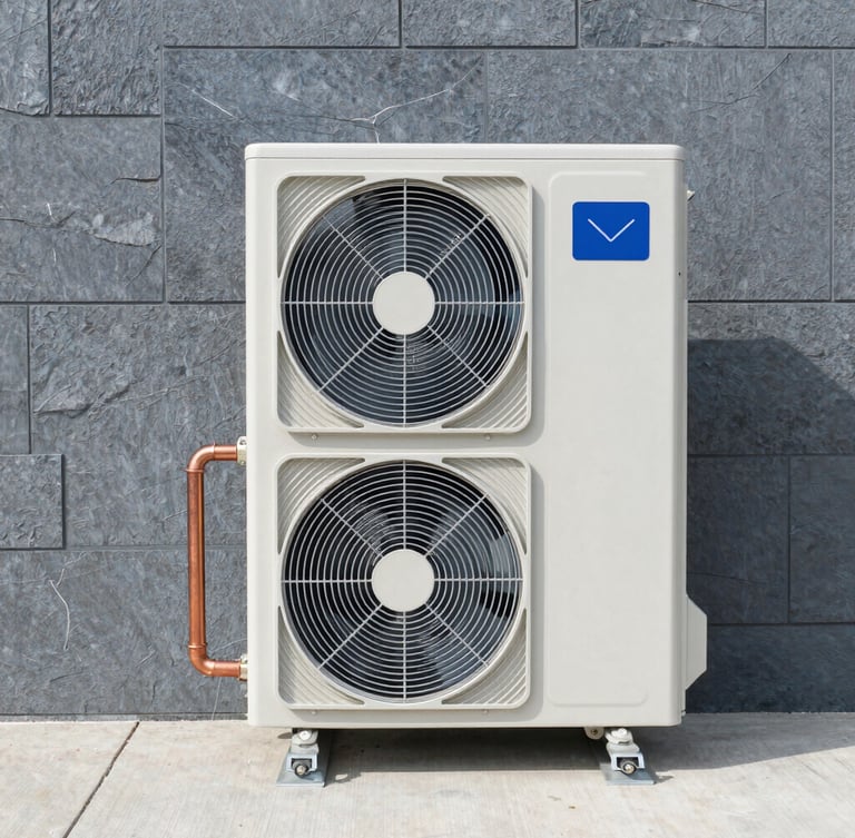 Symmetrical front view of a modern outdoor heat pump unit installed perfectly on concrete, clean copper pipings, crisp daylight, cool slate tones