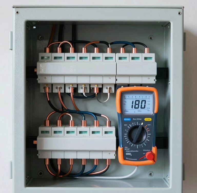 Frontal close-up of a perfectly organized modern electrical panel, clean copper wiring, digital multimeter measuring voltage, bright natural daylight, crisp details, cool slate and electric blue tones, sharp focus