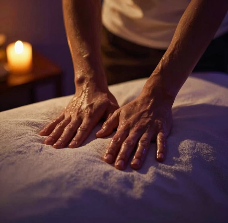 Close-up of skilled hands performing rhythmic therapeutic massage on a linen-covered table, warm low-key golden candle-glow lighting, deep violet shadows, 35mm editorial photography.