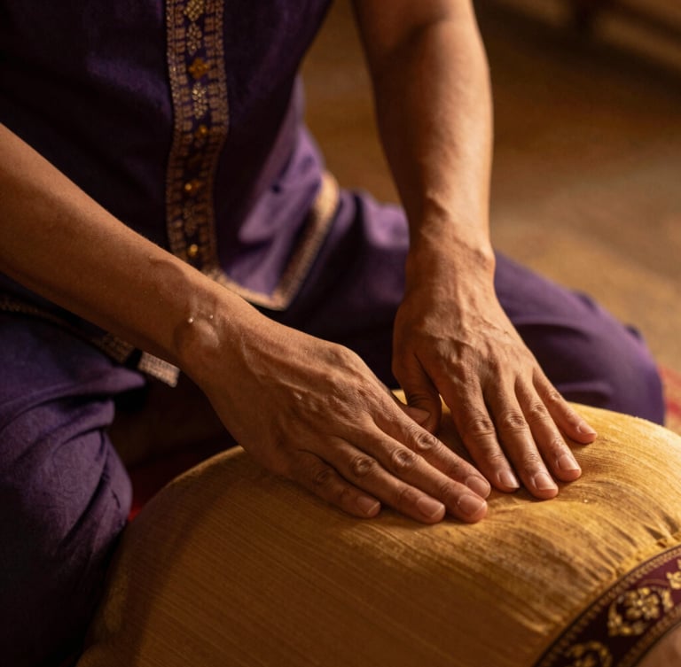 Close-up of skilled hands performing traditional Thai stretching on a client, warm low-key golden-hour lighting, shallow depth of field, 35mm