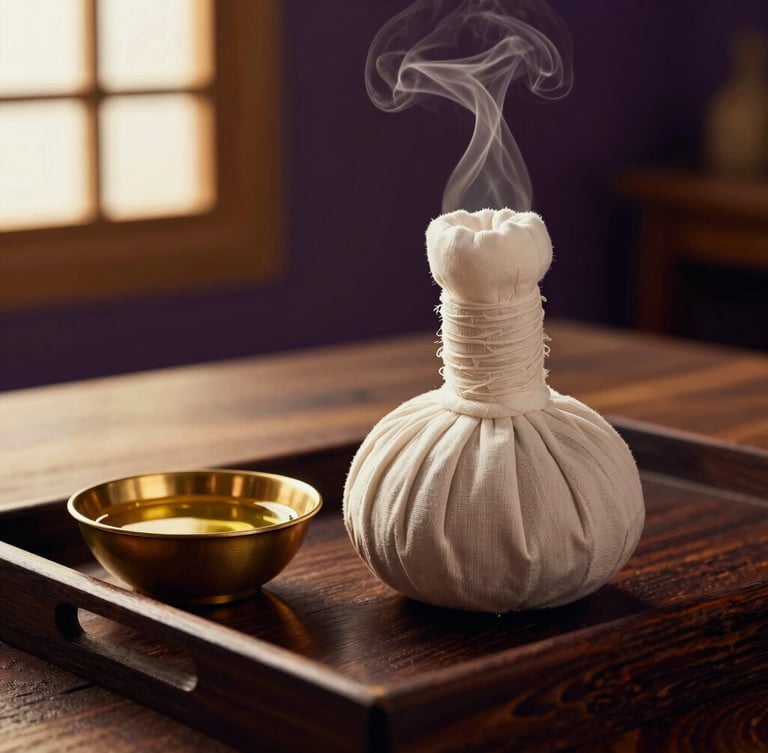 Warm herbal compresses steaming gently on a dark wooden tray next to a small brass bowl of oil, soft side window light, shallow depth of field, rich gold and violet tones.