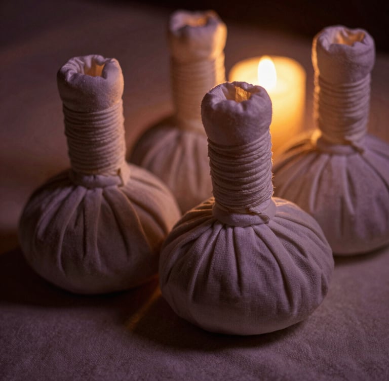 Close-up of warm herbal compresses on textured linen, soft low-key golden candle-glow, 35mm photography