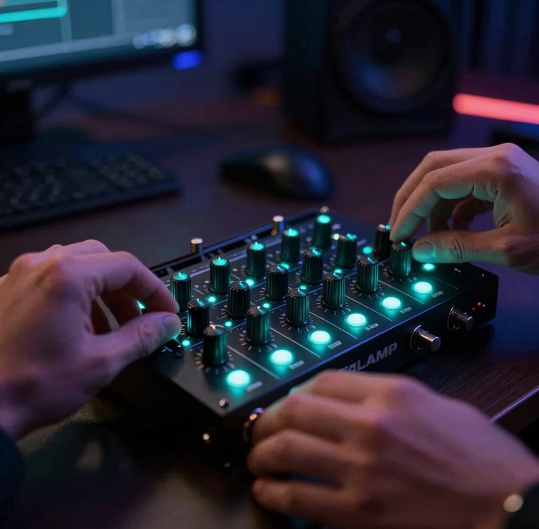 Close-up of a TENLAMP sound card with glowing cyan LED indicators, hands adjusting the reverb dials in a dimly lit studio, low-key dramatic lighting, 50mm lens