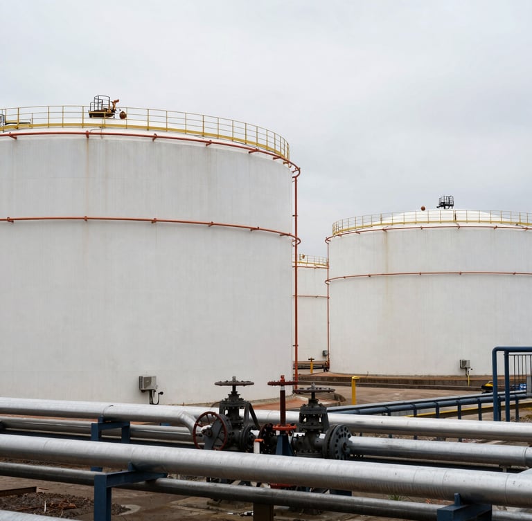 Wide environmental shot of massive industrial crude oil storage tanks in a terminal, overcast sky, heavy steel piping manifolds in the foreground, gritty industrial photography