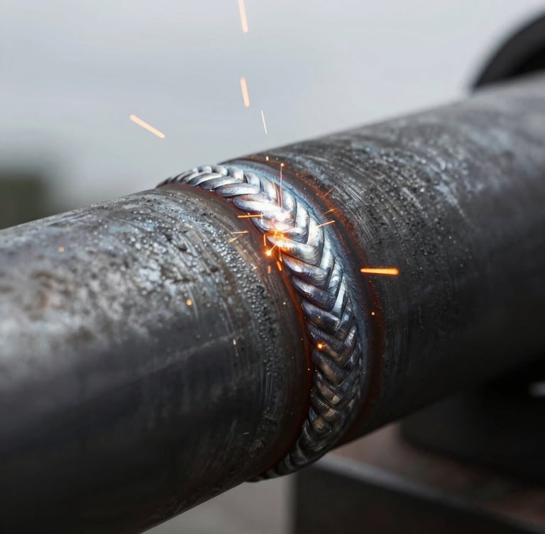 Close-up macro shot of a heavy-gauge steel pipe weld seam, brilliant orange welding sparks spraying, dark desaturated steel tones, sharp focus, 35mm