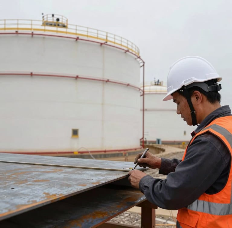 Close-up of a certified inspector measuring steel plate thickness on a massive crude oil storage tank, high-contrast overcast light, gritty industrial photography