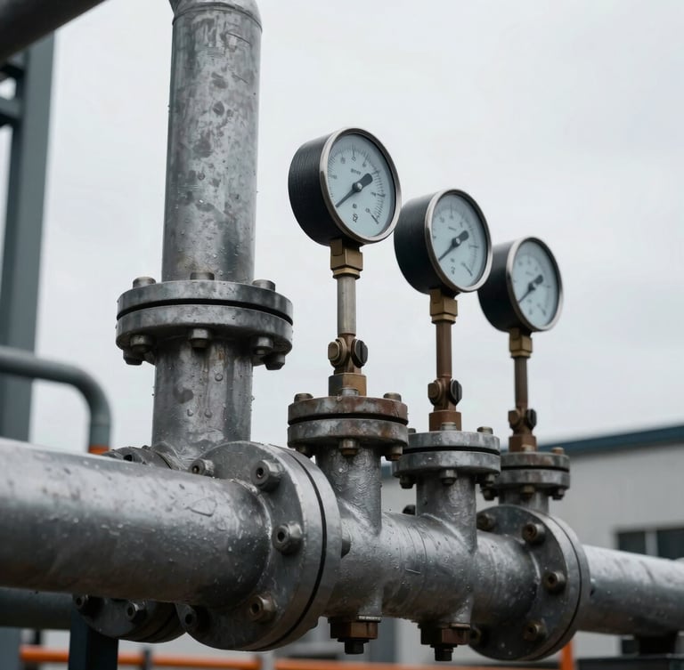 Close-up of industrial instrumentation and gauges on a heavy piping manifold, overcast daylight, high-contrast desaturated steel tones.