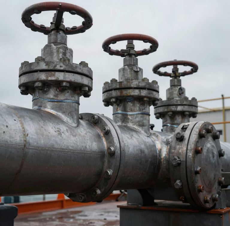 Close-up of industrial high-pressure steel piping manifold, sharp focus on heavy weld seams, dramatic overcast shipyard daylight, 35mm
