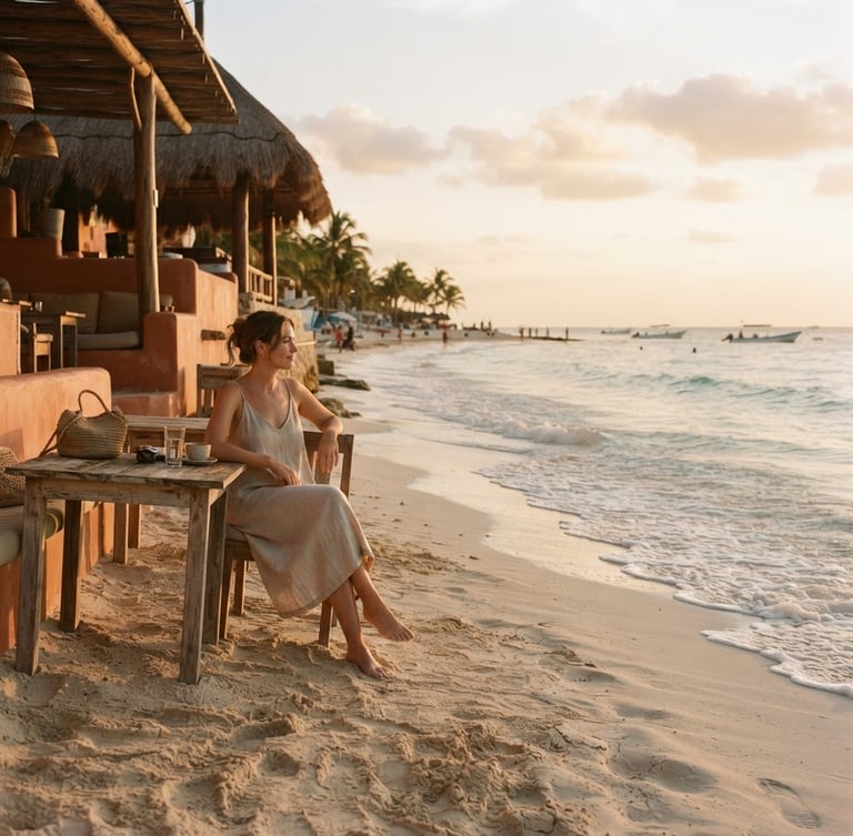 Warm editorial photography of a serene beach in Playa del Carmen at golden hour, low angle, soft terracotta and sand tones, gentle waves, 35mm.