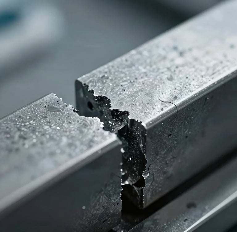 Clinical macro photography of a fractured steel alloy component, highlighting microscopic structural fatigue, harsh direct laboratory lighting, high-contrast details, slate gray tones.