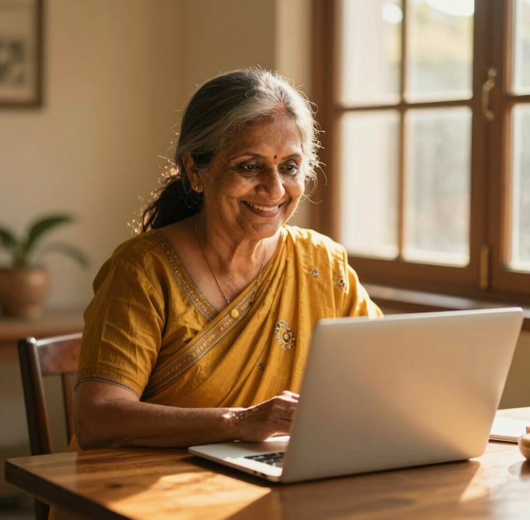A smiling Indian grandmother sitting at a sunlit wooden table, looking proudly at a laptop, warm golden-hour window light, 35mm portrait