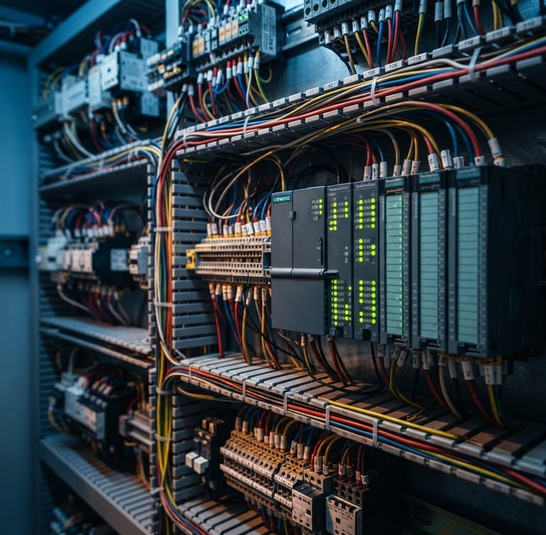 Macro shot of a highly complex electrical panel, neat rows of multicolored wires and glowing green PLC status lights, high-contrast technical lighting, cool blue and amber tones, sharp focus, 35mm