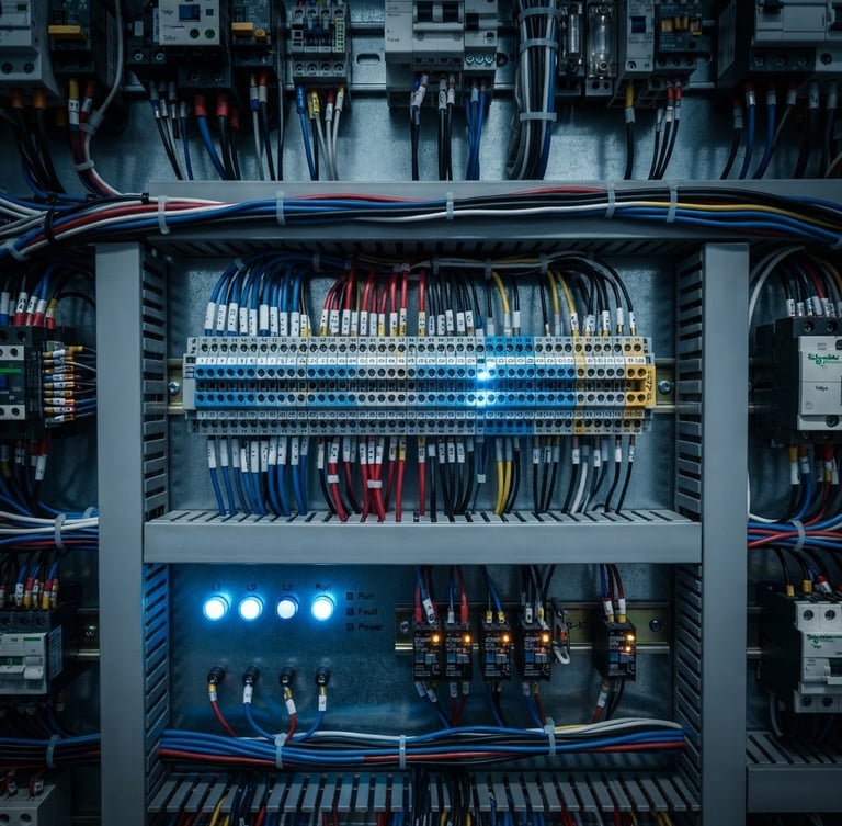 Macro shot of a perfectly wired industrial electrical panel, terminal blocks aligned, cool blue status lights, sharp focus, technical lighting.