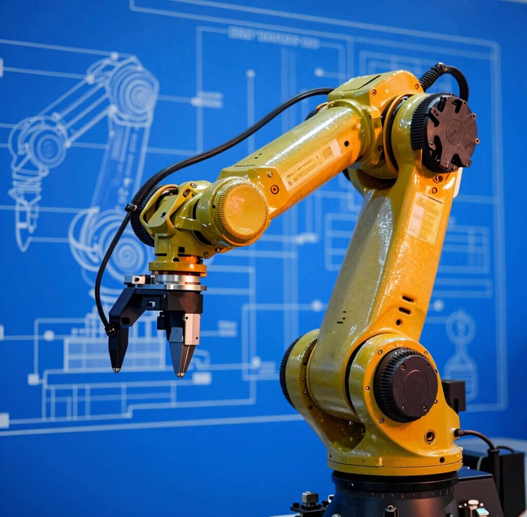 Close-up of a high-tech industrial robotic arm frozen in precise motion, cool blue ambient light with safety orange reflections, sharp focus, technical blueprint schematics overlaid faintly in background