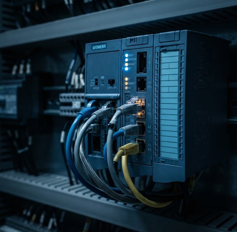 Macro shot of a high-end industrial PLC controller with glowing status LEDs, wired ethernet cables plugged in, dark slate background, technical cool blue lighting, sharp focus, 35mm