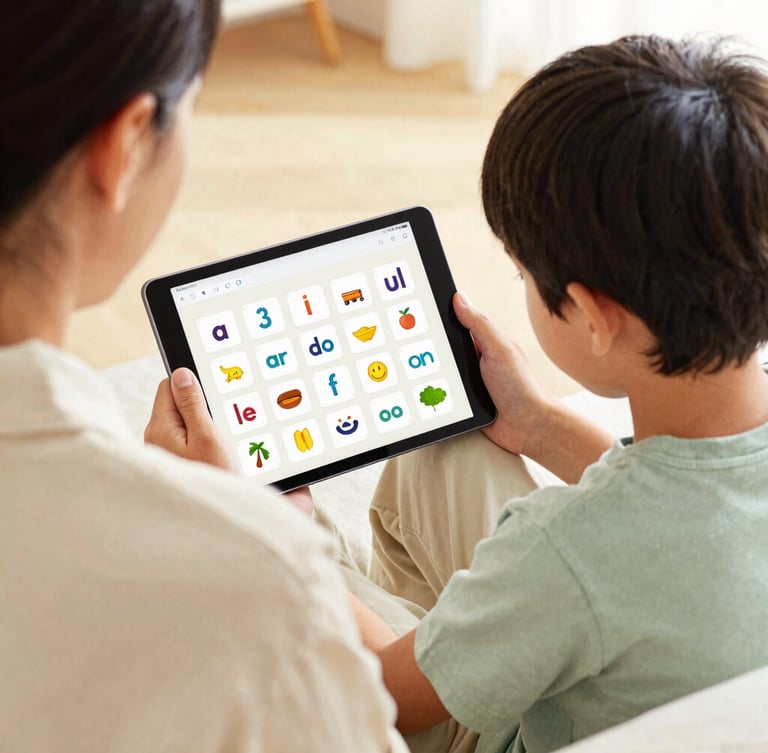 Over-the-shoulder view of a parent sitting supportively next to a focused boy looking at a tablet screen showing interactive French phonics cards, warm editorial photography, soft natural daylight.