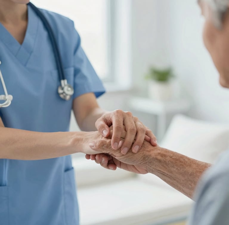 Close-up of a compassionate nurse holding an elderly patient's hand with gentle care, soft natural morning light, clean modern healthcare environment, gentle depth of field, authentic, 35mm