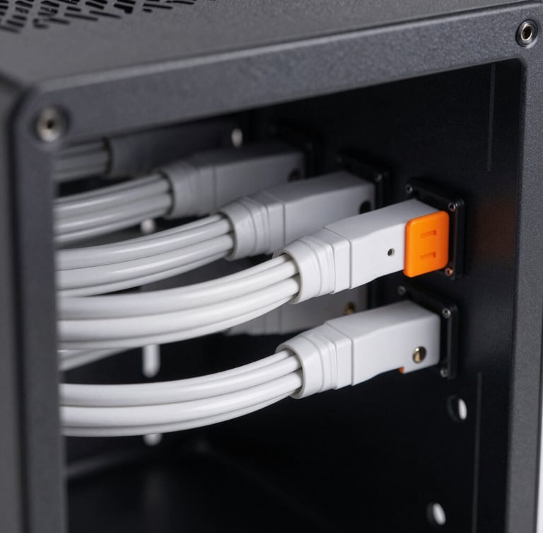 Macro portrait shot of immaculate cable routing inside a matte black PC chassis, clean architectural lines, cool studio lighting with a razor-sharp safety orange hardware detail, sharp focus, 85mm