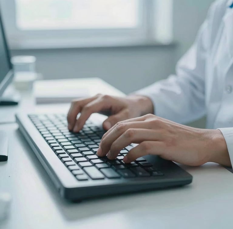 Close-up of hands on a keyboard in a bright, clean clinical research office, cool natural daylight reflecting off a sleek desk surface, 35mm.