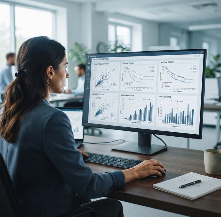 Over-the-shoulder shot of a biostatistician reviewing clean clinical data visualizations on a high-resolution screen, cool daylight, slate blue tones, sharp focus, 35mm