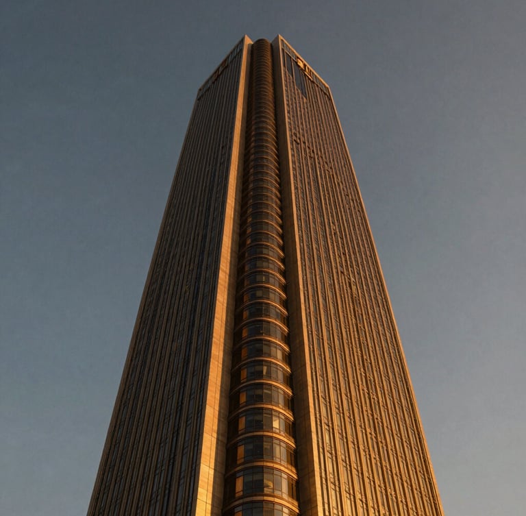 Editorial architectural photography of a modern luxury commercial tower in Riyadh at golden hour, dramatic low-angle shot, sharp details, rich warm bronze tones, medium format, high contrast.