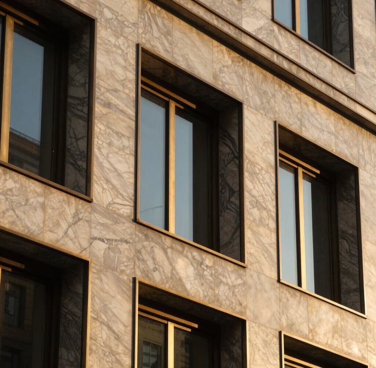 Close-up architectural detail of premium marble facade and brass window frame of a corporate building, golden hour light, high contrast