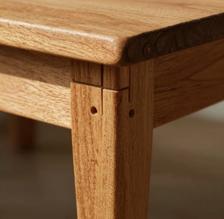 Macro close-up of a hand-crafted mortise and tenon joint on a solid wood table leg, warm natural side-lighting highlighting the tight wood-to-wood fit, 35mm editorial.