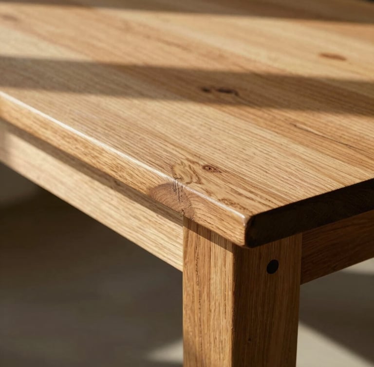 Close-up of hand-carved mortise and tenon joinery on a solid raw oak table, warm natural window light casting deep soft shadows, 35mm photography