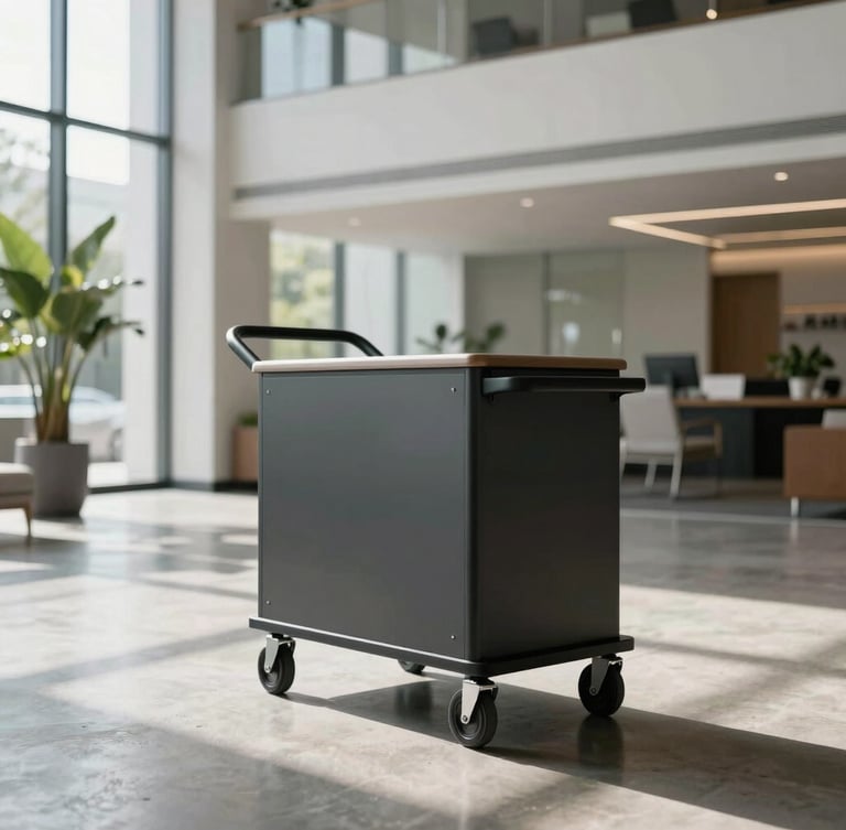 Architectural wide shot of a sleek, matte-finished mobile cart positioned in a modern, sunlit corporate lobby with polished concrete floors and minimalist greenery.
