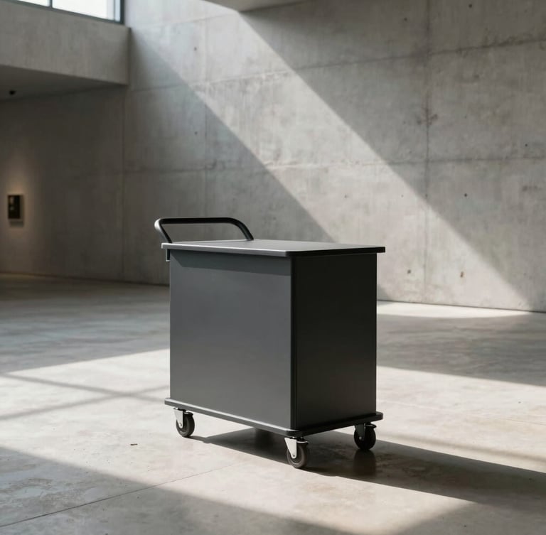 Architectural wide shot of a sleek matte-finished mobile cart standing silently in a modern, sunlit concrete gallery space with soft shadows.