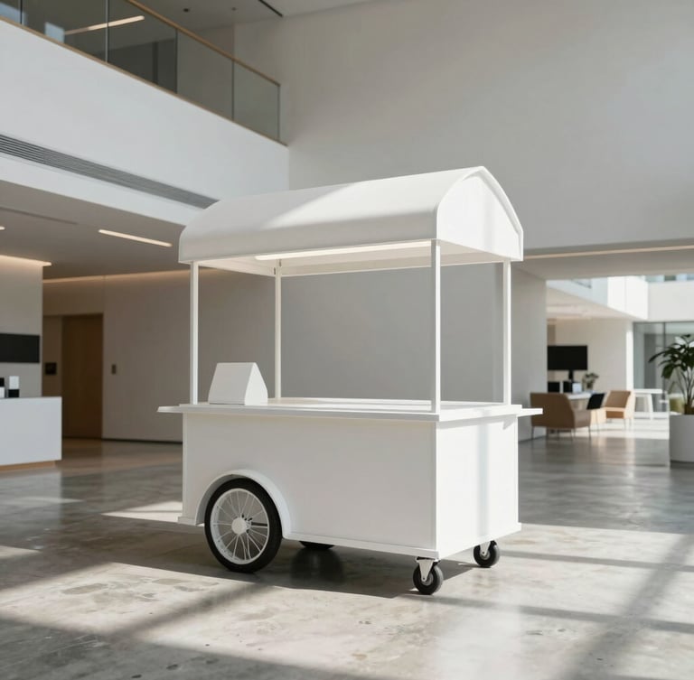 Architectural wide shot of a minimalist matte-white mobile dessert cart positioned in a sunlit, high-ceilinged modern corporate lobby with polished concrete floors, clean lines, and soft natural daylight.