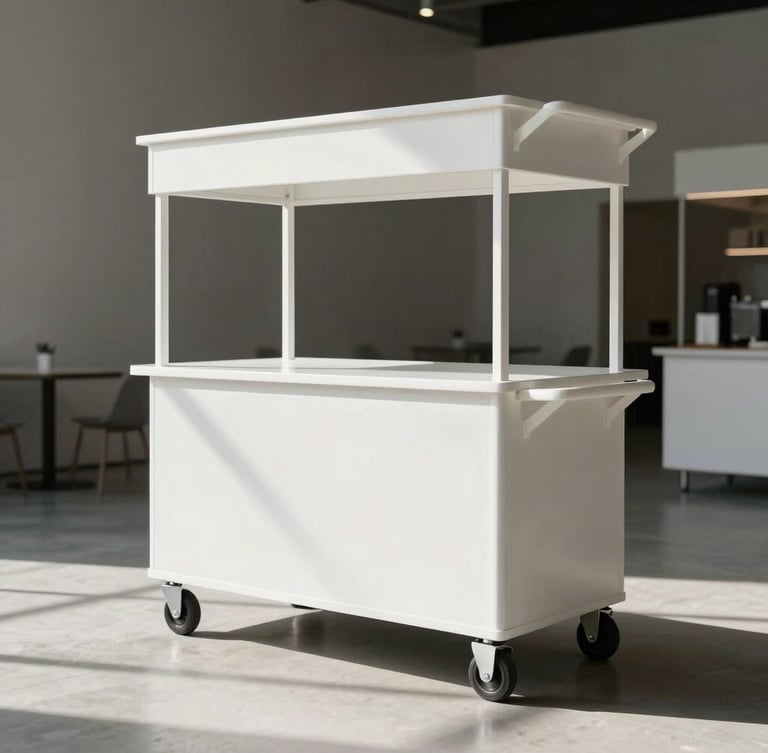 Architectural wide shot of a sleek matte white catering cart in a minimalist modern venue, crisp natural light casting soft shadows