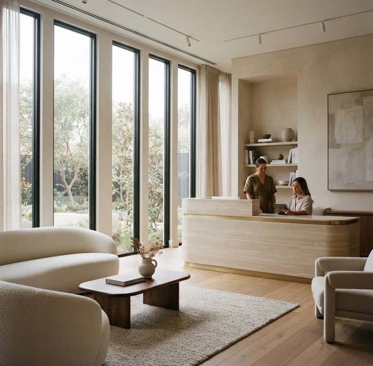 Wide architectural shot of a minimalist clinical reception lounge, featuring a smooth travertine desk with a subtle brass accent, soft diffused daylight streaming from tall windows, muted earth tones, medium format film, elegant.