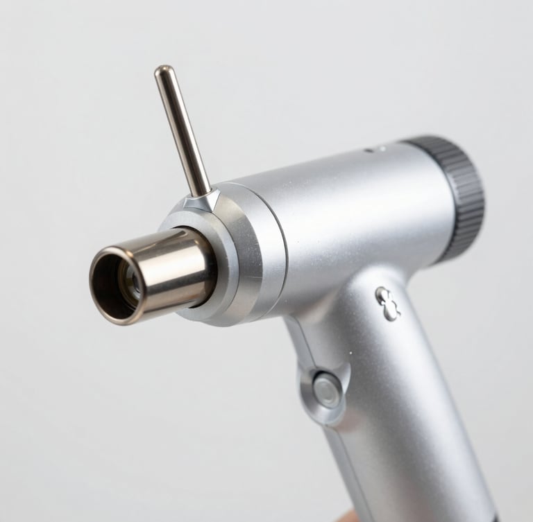 Close-up of a precision laser handpiece emitter, bright high-key clinical studio lighting, sterile grey background, sharp macro details, 50mm
