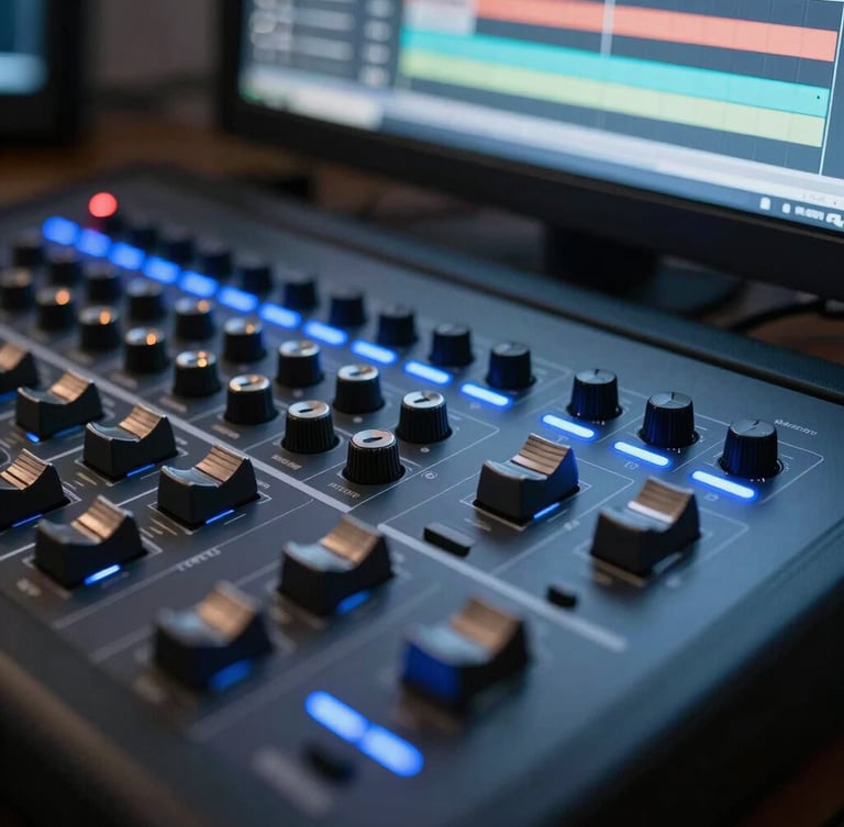 Close-up of a high-fidelity video editing console with cool blue backlighting, precise control dials, and a clean timeline interface visible on a monitor in the background.