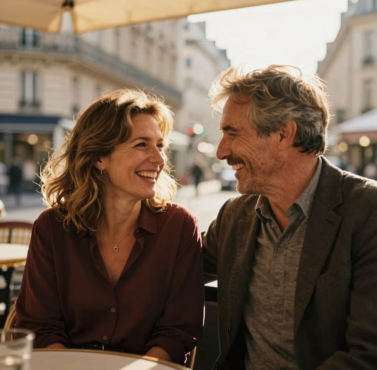 A warm candid photo of a mature French couple in their late 30s laughing naturally on a Parisian café terrace, soft golden-hour light, shallow depth of field, 35mm photography.