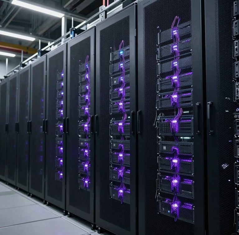 Cinematic wide-angle shot of a massive, dark server facility with glowing electric purple wiring, high contrast